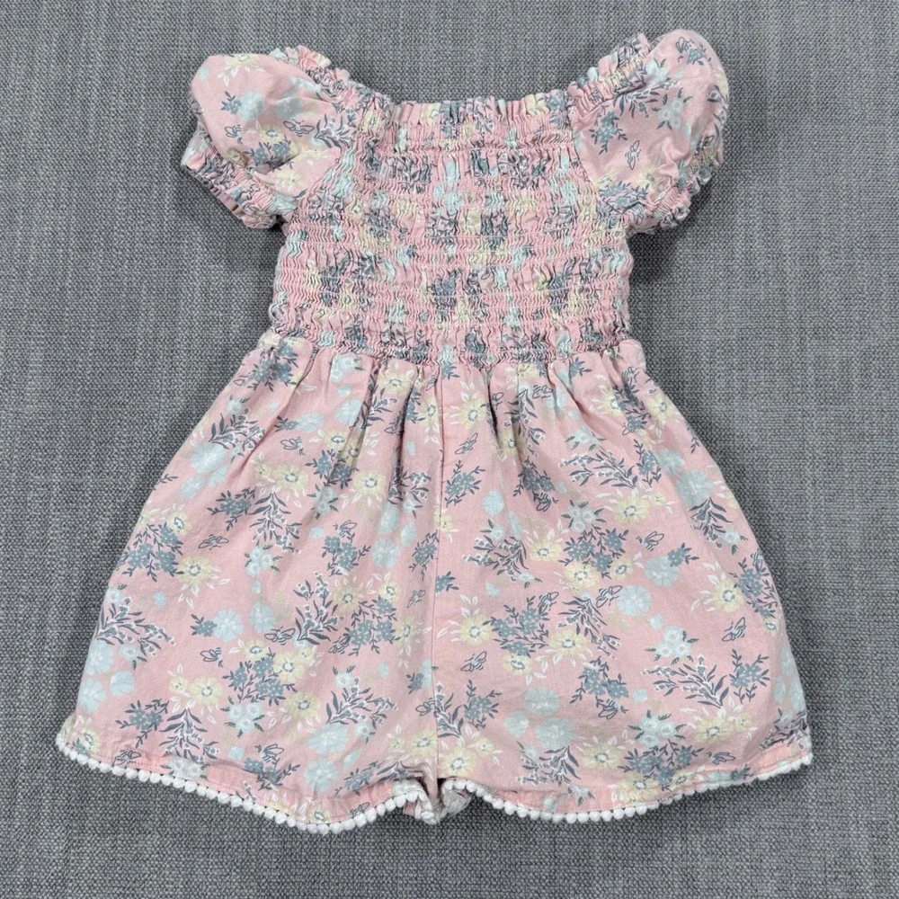 Joie Kids Pink Floral Smocked Romper Pom Pom Trim Size 3T Summer‎ Boho